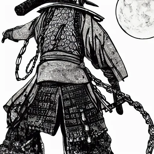 Image similar to a portrait from behind of a samurai man vagabond with a moon behind him, the samurai is wrapped in chains, detailed, concept art, ink style, sketch