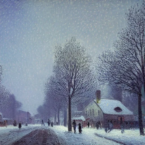 Image similar to A painting of a village during a snow storm, streets, (pedestrians), trees, Camille Pissarro, ((unreal engine)), ((Christmas tree))