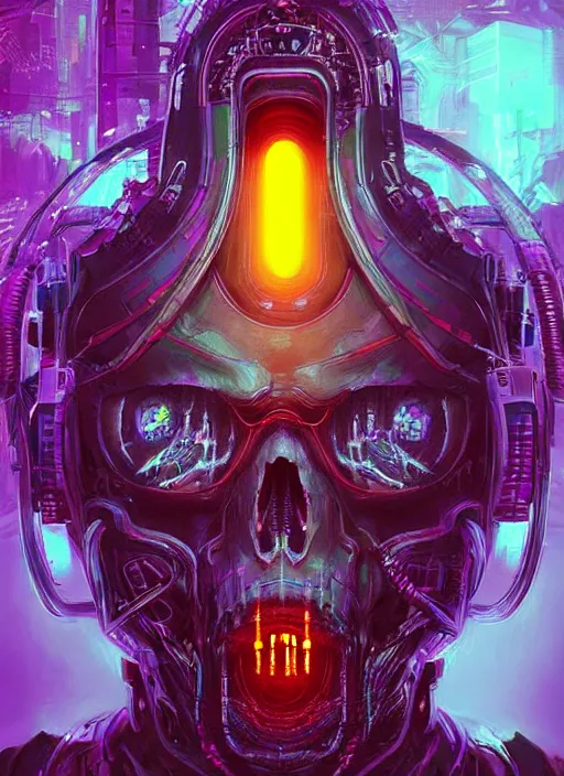 Image similar to a futuristic skull with glowing eyes and a wormhole tunnel cyberpunk art by android jones, cyberpunk art by beeple!!!!, featured on artstation, darksynth, synthwave