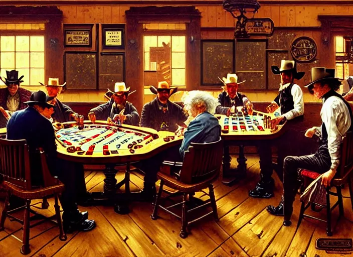 Image similar to in an old west saloon isaac newton and stephen hawking and albert einstein playing poker, intricate, highly detailed, centered, digital painting, artstation, concept art, smooth, illustration, muted colors, art by norman rockwell and greg rutkowski and james gurney chuck close