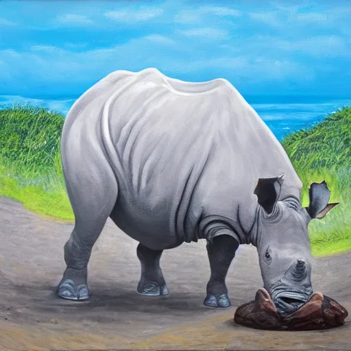 Image similar to oil on canvas of, rhinoceros laying an egg in hawaii