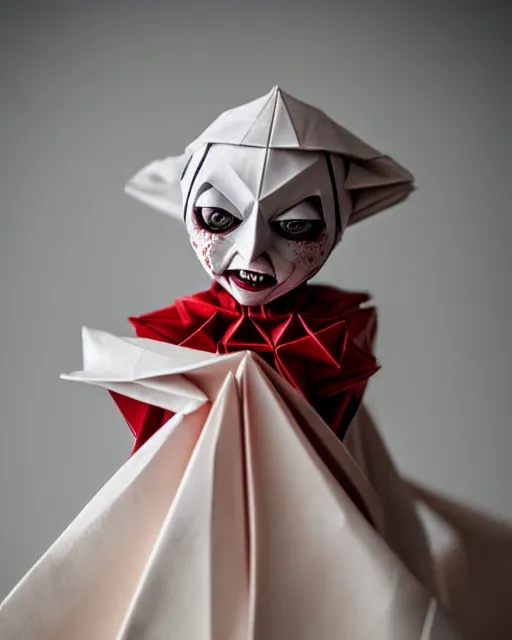 Image similar to an origami scary doll by akira yoshizawa, realistic, very detailed, complex, intricate, studio lighting, bokeh, sigma 5 0 mm f 1. 4