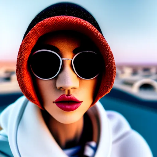 Image similar to photographic portrait of a streetwear woman, closeup, on the rooftop of a futuristic city overlooking a desert oasis, sigma 85mm f/1.4, 4k, depth of field, high resolution, 4k, 8k, hd, full color