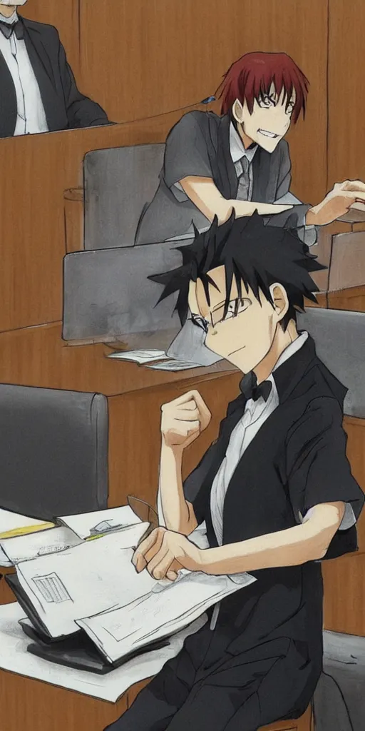 Image similar to powerful anime judge, in a court room with a scale on his desk, drawn by a famous anime artist, high quality, fine lines,