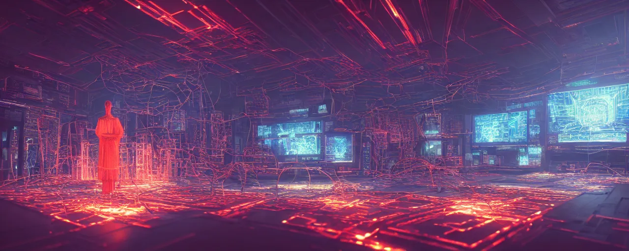 an cybernetic temple made of tv screens, wires, | Stable Diffusion ...