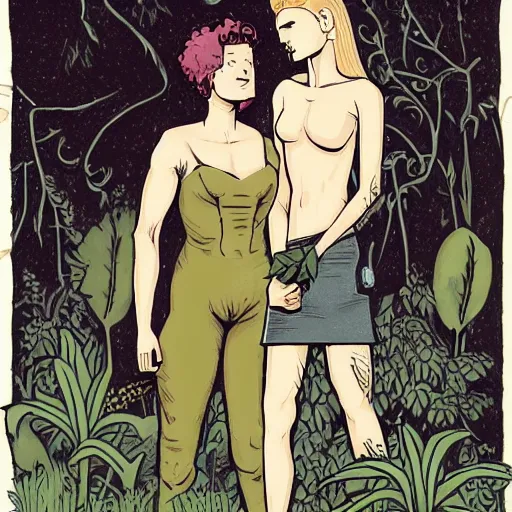 Prompt: modest short - haired handsome muscular blonde butch tomboy woman engineer standing beside taller dark fae feathered modest gothic jennifer connelly, in a beautiful lush garden at night, falling in love, highly detailed, romantic, trending on art station, illustration, mike mignola, comic book