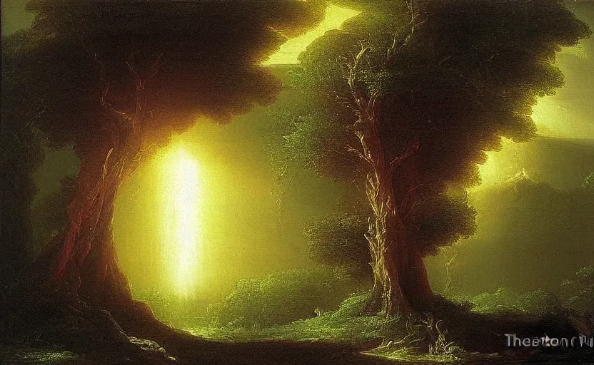 Image similar to a tree of omnious light painted by thomas cole