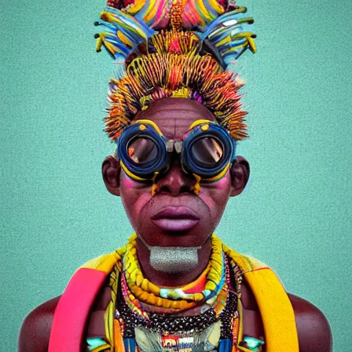 Image similar to colourful vfx upper half - portrait - art of a nigerian tribal chief wearing steam punk goggles, art by utagawa kunisada & james jean, symmetrical, intricate detail, concept art, volumetric light, ray tracing, caricature, digital illustration, octane 3 d render, unreal engine, sharp, 8 k post process, pinterest, behance, art station,