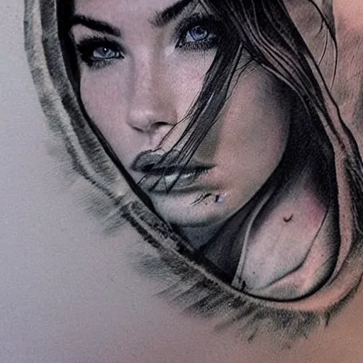 Prompt: tattoo design sketch with double exposure effect, megan fox face faded with beautiful mountain scenery, in the style of matteo pasqualin, amazing detail, pinterest