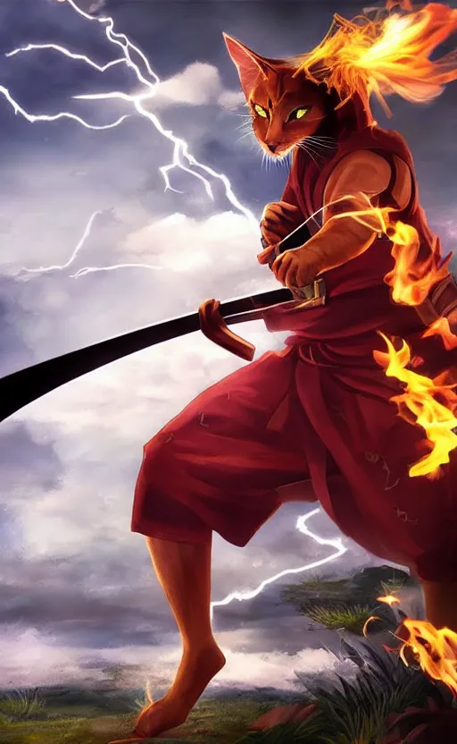 Image similar to house cat samurai epic, anime opening, dramatic opening, fire, lightning, full body portrait, realistic