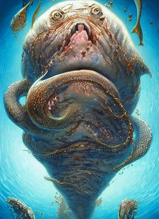 Prompt: chum drum bedrum swimming in the ocean depths, cosmic horror painting, elegant intricate digital painting artstation concept art by mark brooks and brad kunkle detailed