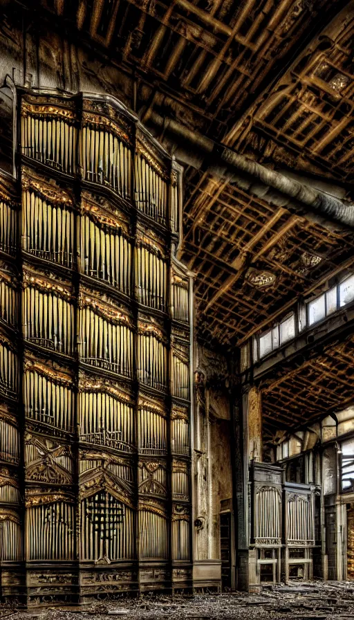 Prompt: a beautiful very detailed highly detailed pipe organ architecture urbex industrial architecture abandoned by frederick mccubbin, at night, archdaily, wallpaper, highly detailed, trending on artstation.