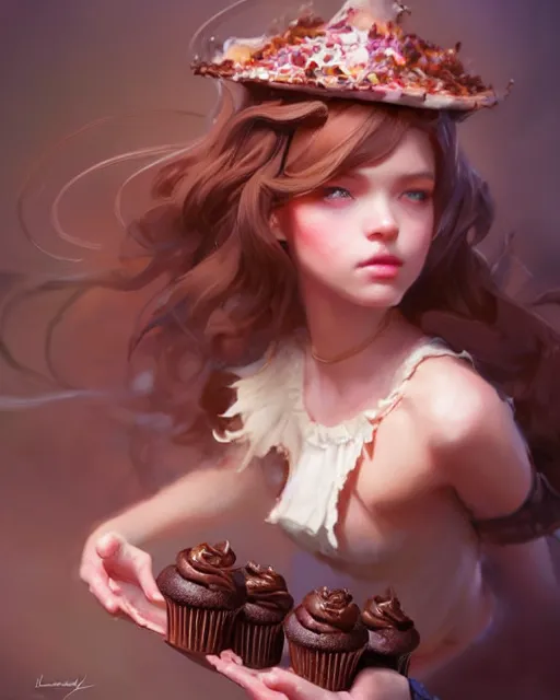 Image similar to a ( ( girl as personification of chocolate cupcake ) ), beauty, fantasy bakery, digital painting by krenz cushart, greg rutkowski, artgerm, laurie greasly, wlop, intricate, highly detailed!!, sharp focus, smooth, epic composition, joyful, unreal engine, masterpiece, 8 k