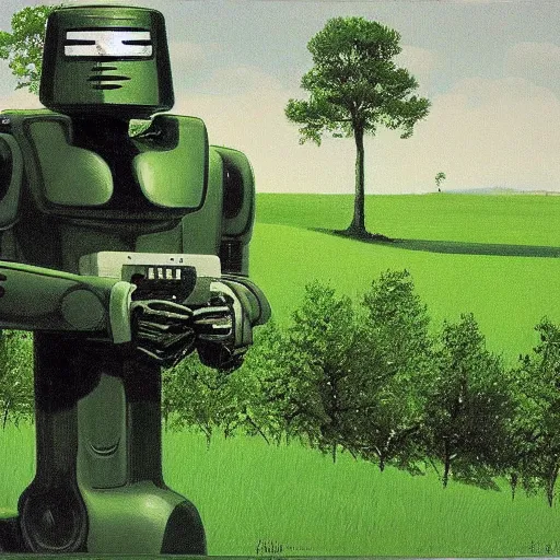 Prompt: ”big robot in green field with trees, by syd mead”