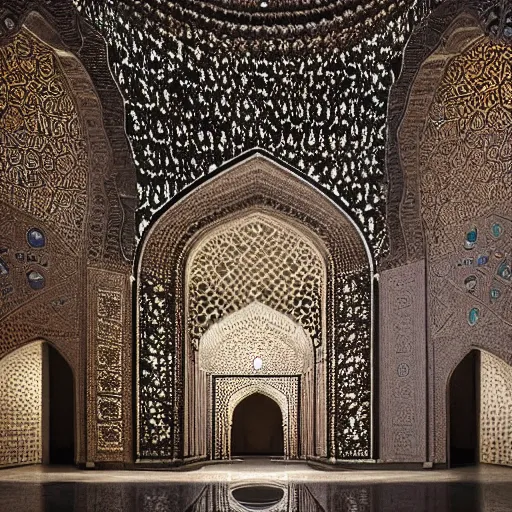 Prompt: interior of a massive iwan with intricate muqarnas made of glowing obsidian and white marble, detailed, incredible, remarkable, volumetric lighting, cinematic lighting — ar 1 6 : 9