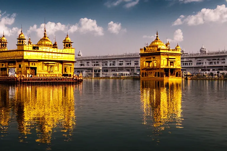 Image similar to an amazing award winning photo of a golden temple in a lake, symmetrical, cinematic, masterpiece