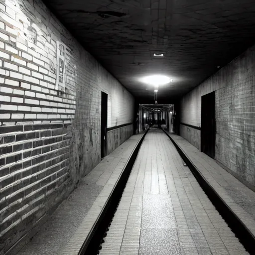 Image similar to a photograph of a creepy, liminal subway station