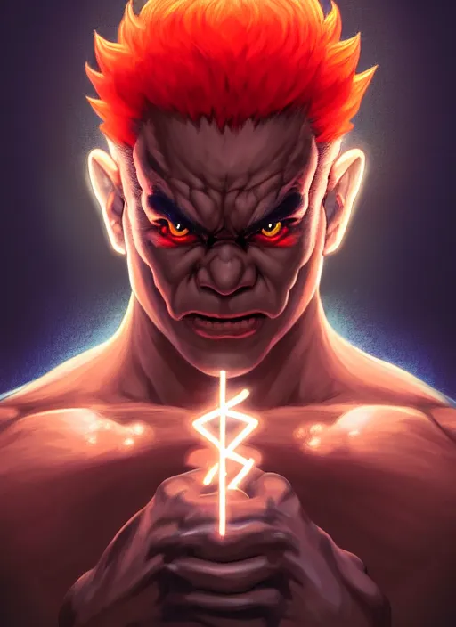 Image similar to symmetry!! portrait of akuma, street fighter, wearing gi, glowing lights!! intricate, elegant, highly detailed, digital painting, artstation, concept art, smooth, sharp focus, illustration, art by artgerm and greg rutkowski and alphonse mucha