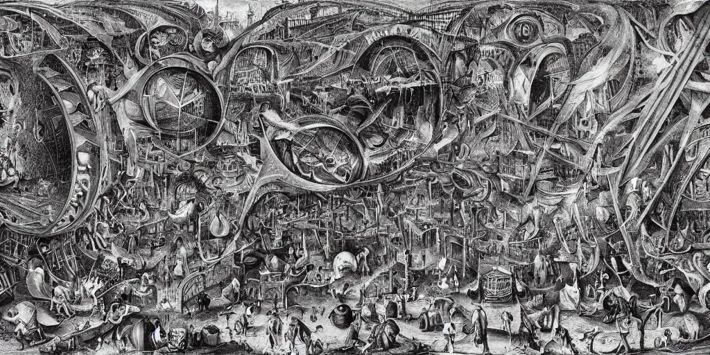 Image similar to wacky liminal funhouse megastructure in the style of heironymus bosch, intricate masterpiece, hyper detailed, hd