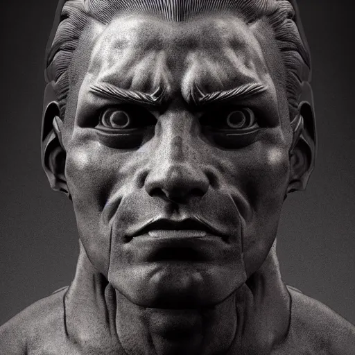 Prompt: a sculpture portrait of a man. black iron. black background. cast iron. gothic baroque. expressive eyes. symmetry. epic. ominous shapes. hyper detailed. lighting from the bottom, sharp shadows. photoreal. octane render. trending on artstation