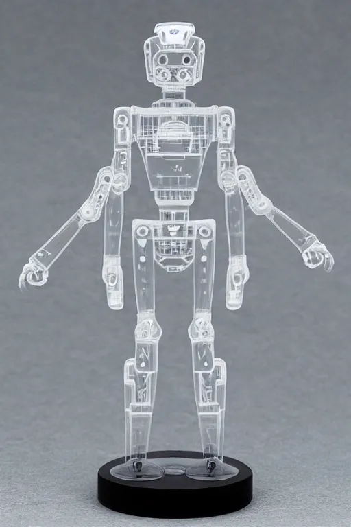 Image similar to a intricate anime figurine that looks like a transparent plastic robot with fog all around,