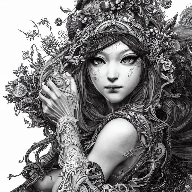 Image similar to the portrait of chaotic good female druid alchemist as absurdly beautiful, gorgeous, elegant, young gravure idol, an ultrafine hyperdetailed illustration by kim jung gi, irakli nadar, intricate linework, sharp focus, bright colors, octopath traveler, final fantasy, unreal engine 5 highly rendered, global illumination, radiant light, detailed and intricate environment