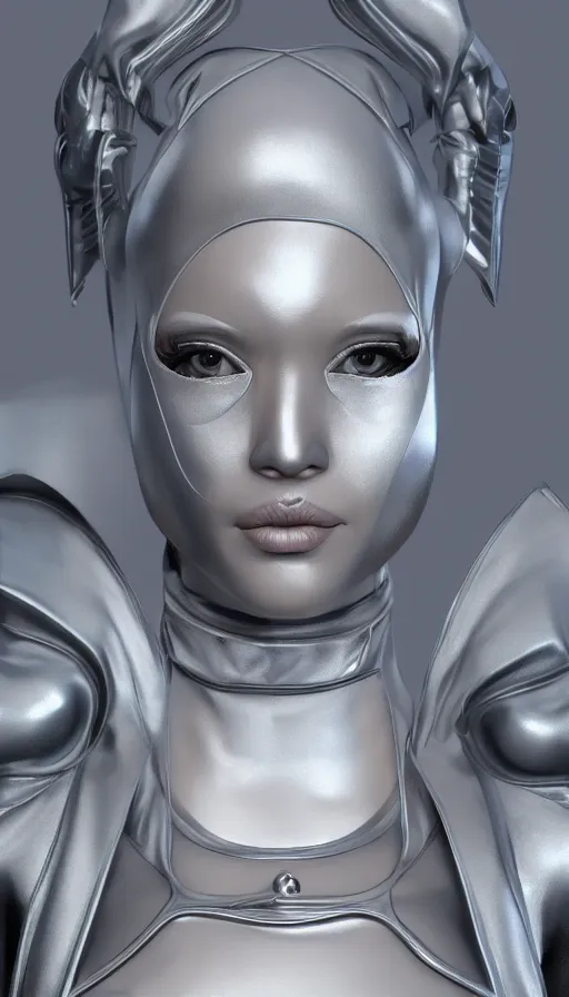 Image similar to a woman wearing a silver dress and a silver mask, cyberpunk art by zhou fang, cgsociety, computer art, daz 3 d, zbrush, rendered in maya