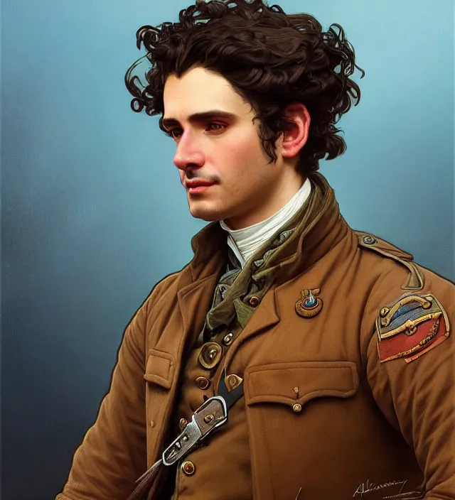 Prompt: portrait of a man with brown curly hair and deep brown eyes wearing a blue traditional 1 8 0 0 s military jacket, intricate, highly detailed, digital painting, artstation, concept art, sharp focus, cinematic lighting, illustration, art by artgerm and greg rutkowski, alphonse mucha, cgsociety