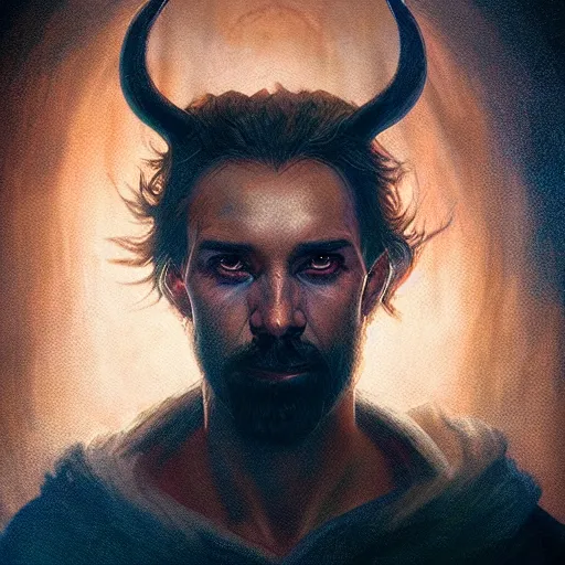 Image similar to Biblical deceiving devil portrait, atmospheric lighting, painted, intricate, volumetric lighting, beautiful, rich deep colours masterpiece, golden hour, sharp focus, ultra detailed, by Leesha Hannigan, Ross Tran, Thierry Doizon, Kai Carpenter, Ignacio Fernández Ríos