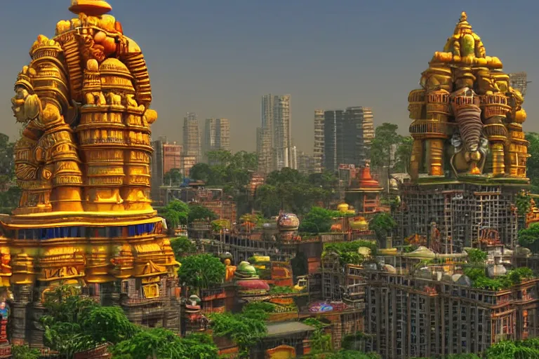 Prompt: high quality 3 d dreamscape! mumbai with biomorphic hanuman head building, kalighat highly detailed, unreal engine cinematic smooth, stephen shore & john j. park, soft morning light, wide shot, high angle, uhd 8 k, deep focus