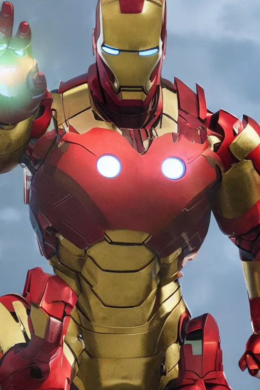 Image similar to iron man with the infinity stones built into the chest piece of the suit, cinematic, volumetric lighting, f 8 aperture, cinematic eastman 5 3 8 4 film, photorealistic