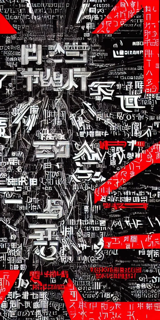 Image similar to a photo of a banner with symbols, cyberpunk logos of megacorporations, kanji and symbols, black white red, sci fi font, graphic design, 8 k, innate studio