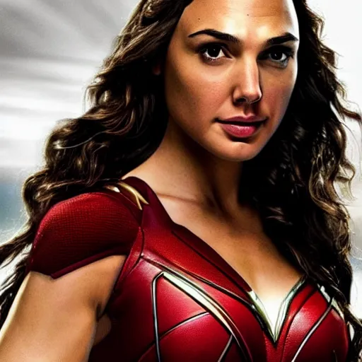 Image similar to an potrait of gal Gadot cast of movie the flash and wearing a flash suit, photorealistic high detail, view from below, full body shot.