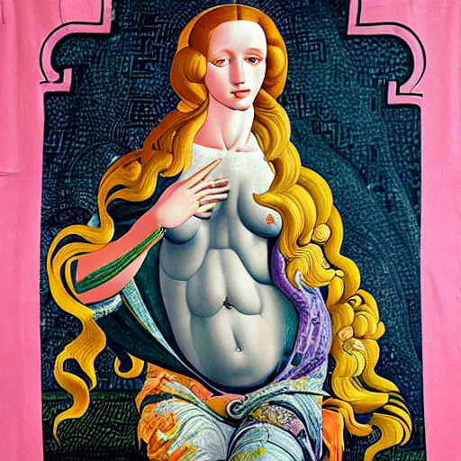 Image similar to the birth of venus gucci versace colorful intense intricate textile chiton himation cloak tunic streetwear cyberpunk modern fashion sandro botticelli