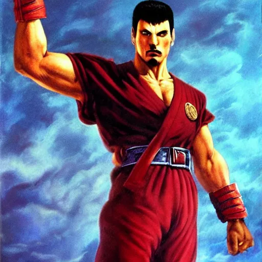 Image similar to ultra realistic freddy mercury as ryu from street fighter, painting by frank frazetta, 4 k, ultra realistic, highly detailed,