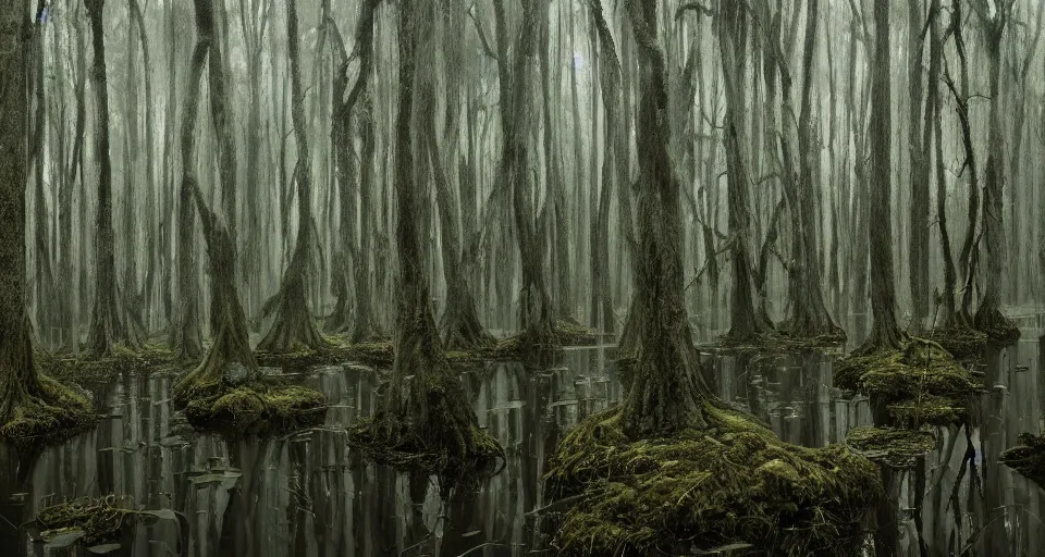 Image similar to A dense and dark enchanted forest with a swamp, by Wes Anderson,