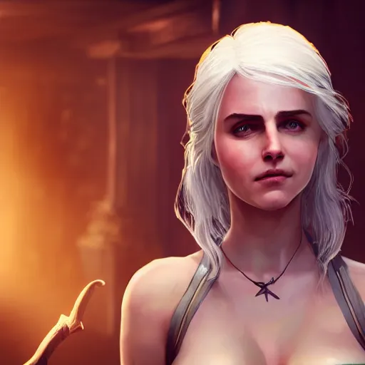 Image similar to Concept art of Ciri from the Witcher 3 in wooden bath, pretty face, 8k, uhd