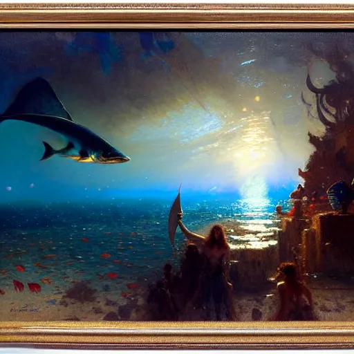 Image similar to point of view of deep in the ocean looking up, you see fishes, higher the milk way, night time, midnight. highly detailed painting by gaston bussiere, greg rutkowski 8 k