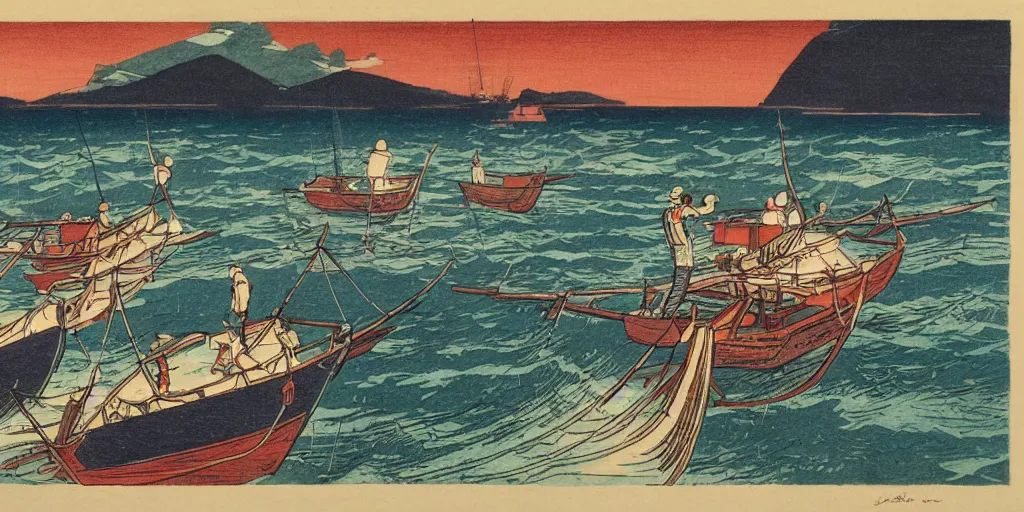 Image similar to three modern fishing boats hauling tuna with their nets, Full color woodblock print by Hiroshi Yoshida showing