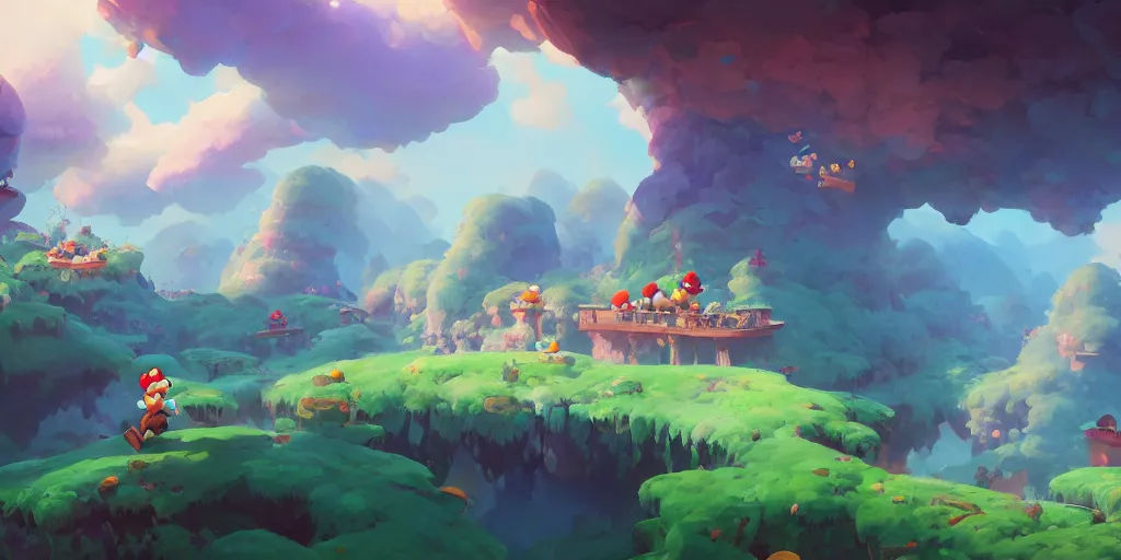 Image similar to dynamics matte painting acrylic blur oil marioworld wonderland yoshi kurbi dofus, behance hd by jesper ejsing, by rhads, makoto shinkai and lois van baarle, ilya kuvshinov, rossdraws global illumination