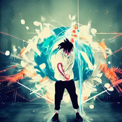 Image similar to man hitting the ground creating a explosion, anime, album cover, musical notes