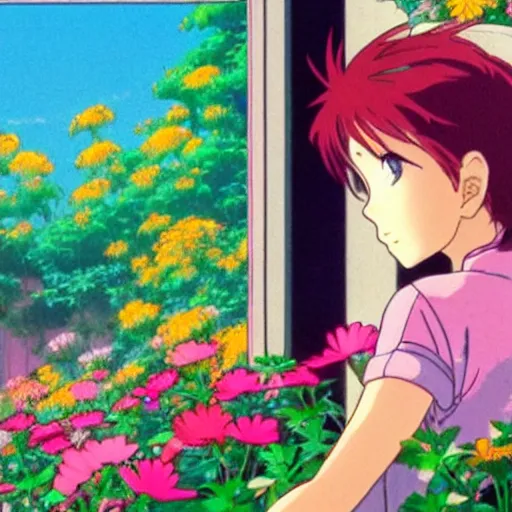 Prompt: girl staring out a window at a sea of flowers, 80s style anime