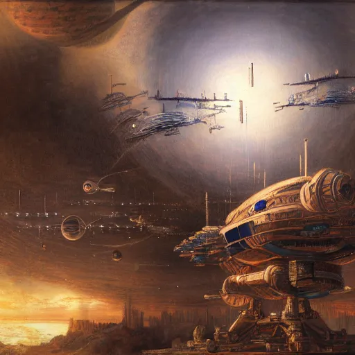 Prompt: an intricate, highly detailed oil painting of a giant anime robot with rounded and circular parts walking towards a spaceship, in the background is a spaceport with spaceships taking off and landing, by rembrandt