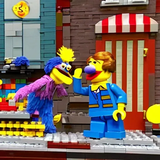 Prompt: Still from Sesame Street episode where Bert and Ernie build a Lego set