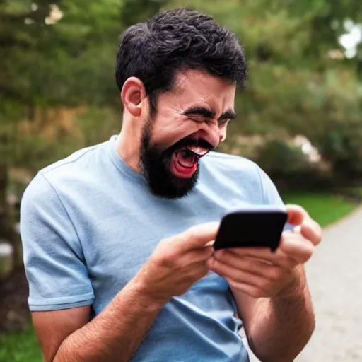 Image similar to man maniacally laughing at a funny meme he saw on his phone