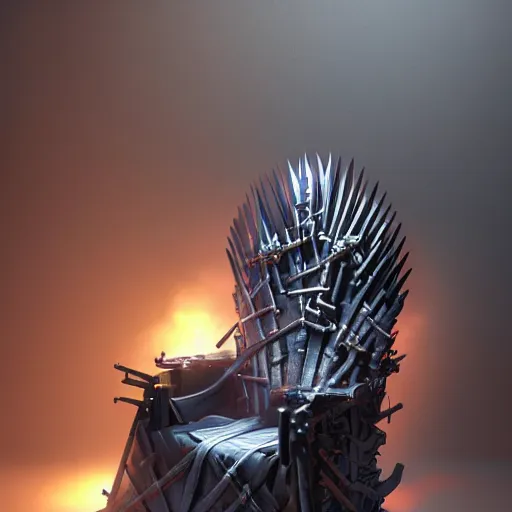 Image similar to a photorealistic render of a contemporary pc gaming chair that looks like the iron throne, led lights, glowing desktop pc, 8 k, artstation, volumetric lighting, smooth, highly detailed, octane render, by andres rocha and albert bierstadt and greg rutkowski