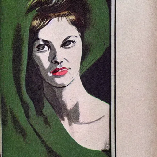 Image similar to faceless woman, hyper detailed, photo realism, Vintage Magazine Illustration 1960s, deep green mood