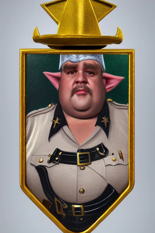 Prompt: high fantasy elf mall cop with a sheriff's badge that is fat, shifty, and incompetent, portrait from the chest up, Oil Painting, hyper realistic, dutch golden age, 3/4, bust 8k UHD scan