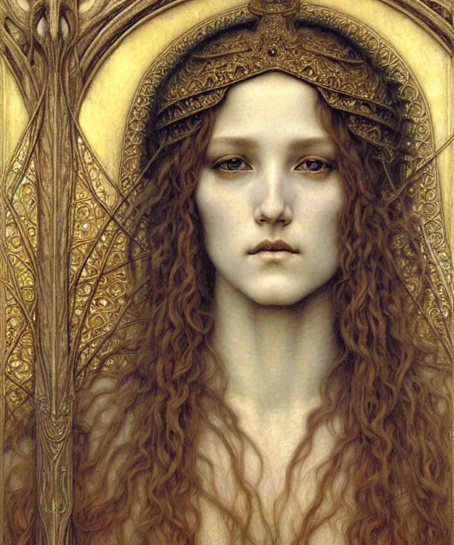 Image similar to detailed realistic beautiful young medieval queen face portrait by jean delville, gustave dore and marco mazzoni, art nouveau, symbolist, visionary, gothic, pre - raphaelite. horizontal symmetry