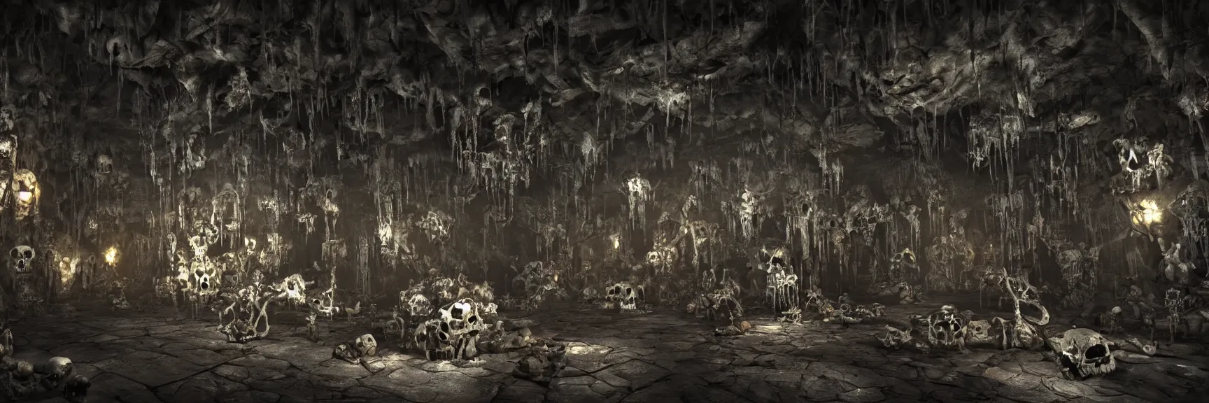 Prompt: Inside view of a creepy cave, a maze inside the cave, bats hanging upside down on the ceiling, ghostly caricatures on walls, skulls and bones scattered on the floor, ominous horror ambience; very detailed, artstation, unreal engine 5